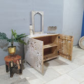 Indian Handmade Carved Solid Hard Wood Floral Design Sideboard Natural